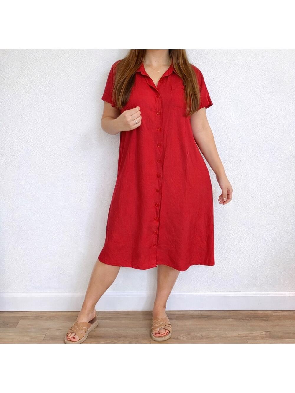 Caran New York Red Button Front Midi Dress Short Sleeve Sz 2X
